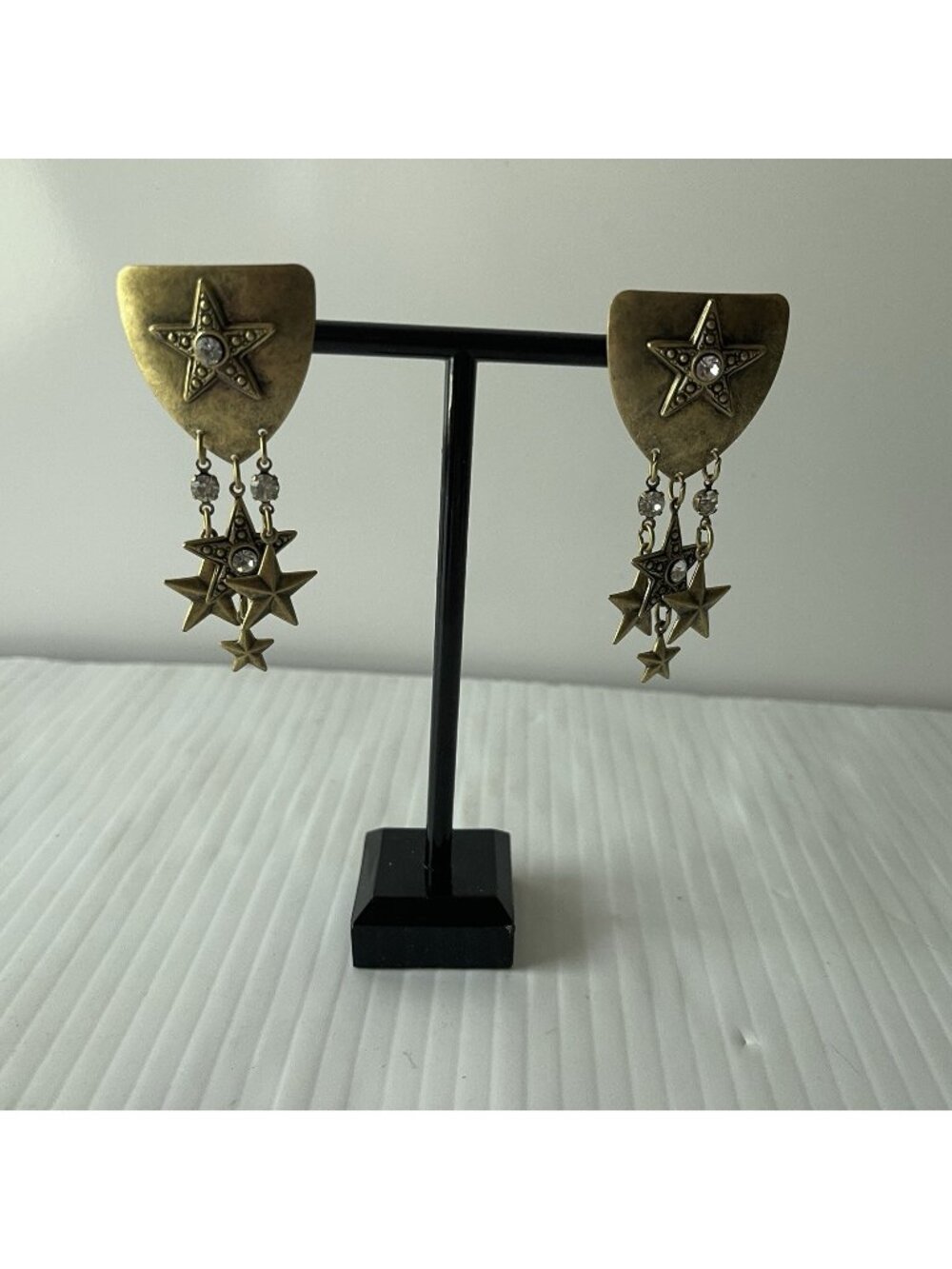 Vintage Lone Star Western Earrings Star Charms Rhinestone Antique Gold Celestial